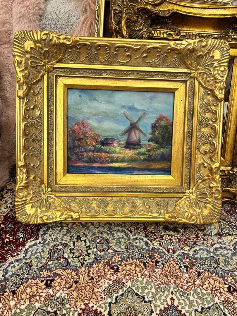 風車の油彩画 金色フレーム付き オランダ風車村 Oil on canvas F6(31×41㎝) 初めてのオランダ