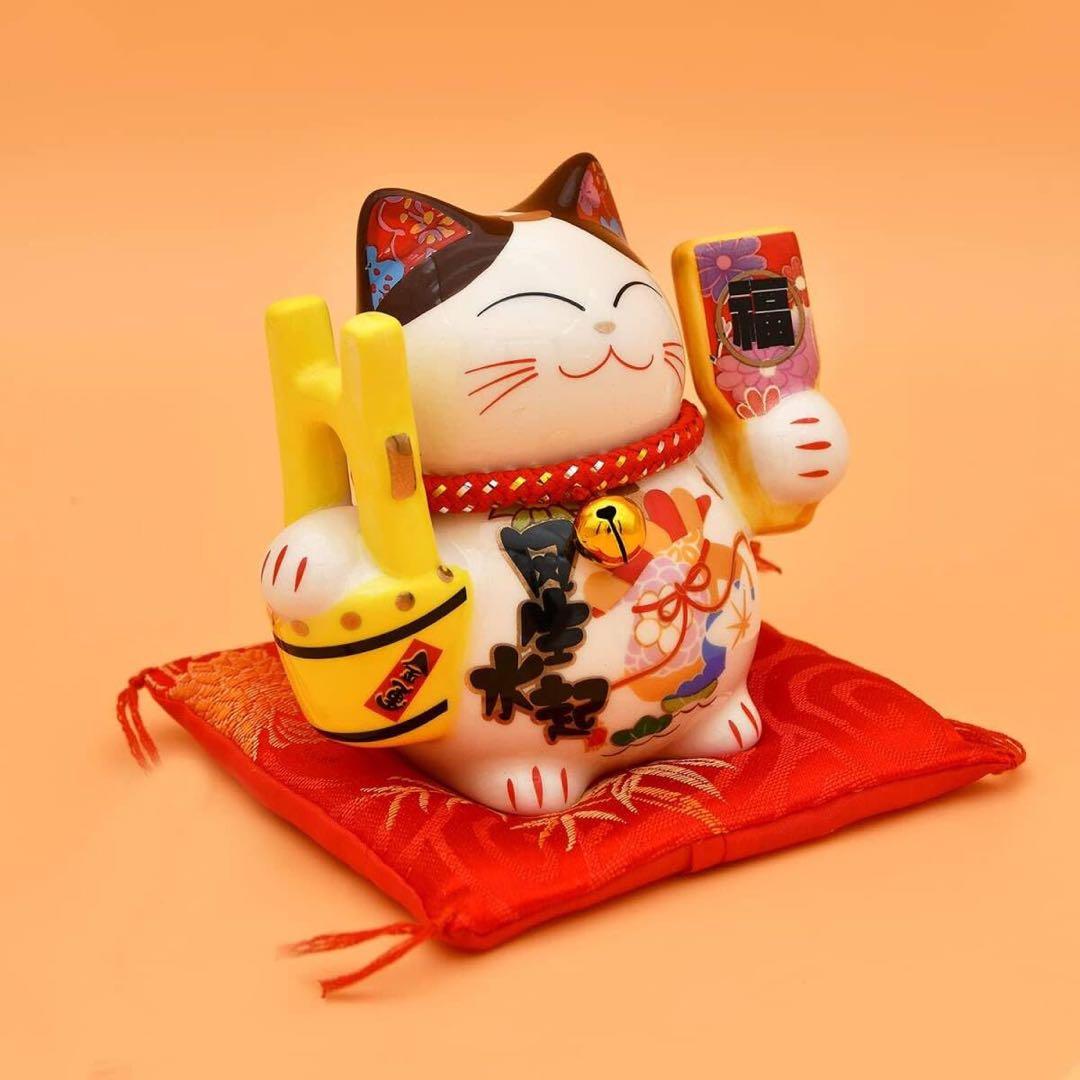 座布団付き　 風生水起 招き猫 貯金箱 インテリア 置物 オブジェ 金運アップ Amazon.co.jp: Felimoa 開運招き猫 貯金箱 風水 インテリア置物 金運