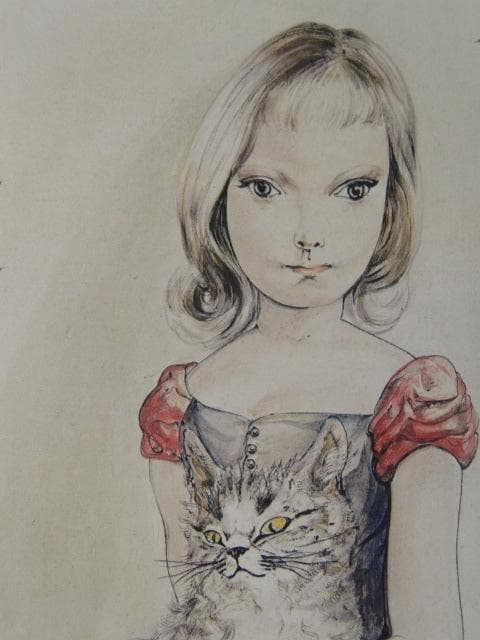 藤田 嗣治、「猫を抱く少女」希少、オーダーマット付額装・画集画