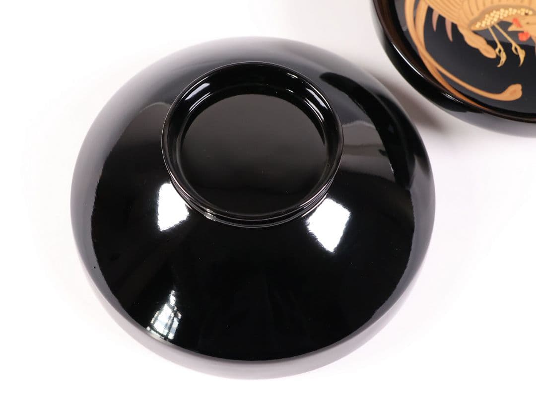 CM403】天然木漆塗 菊桐鳳凰金蒔絵 黒塗 吸物椀 1客 昭和期 木製漆器