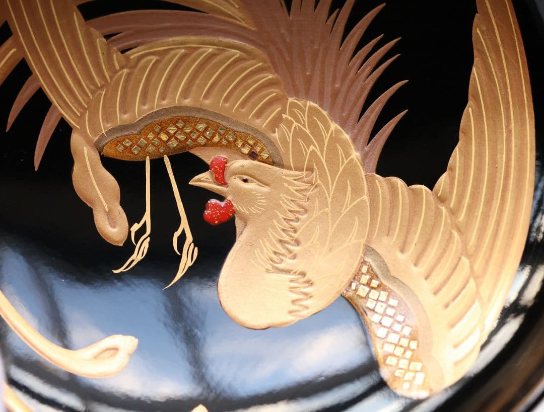 CM403】天然木漆塗 菊桐鳳凰金蒔絵 黒塗 吸物椀 1客 昭和期 木製漆器