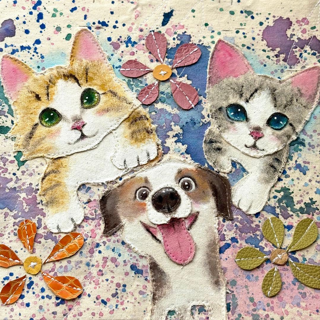 (手づくり)\"楽しい〜\"ねこネコ犬のトートバッグ　アップリケお花