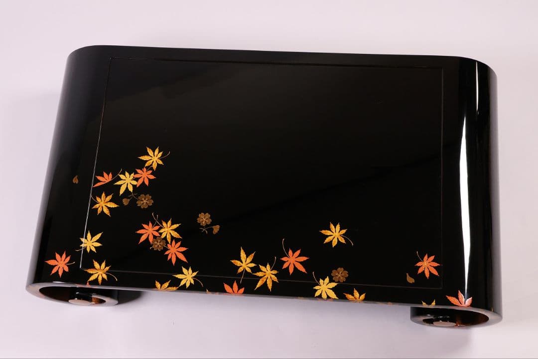 漆芸 紅葉桜 波千鳥 蒔絵 巻足 平卓 花台 黒塗 梨地 木製