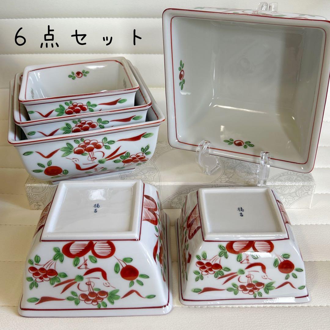 たち吉 赤絵花鳥 三ツ組鉢 中鉢 小鉢 6枚セット 角鉢 煮物鉢 和食器 深