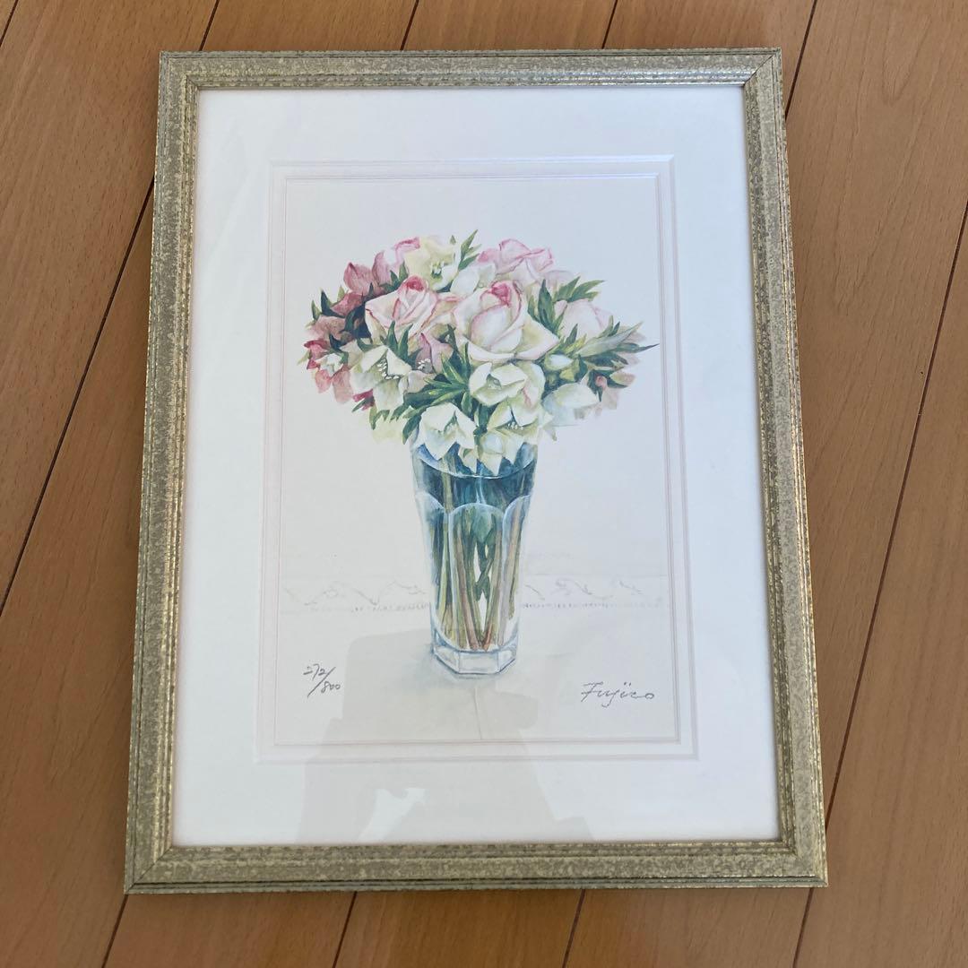 橋本不二子　絵画　水彩画　サイン入り　額縁入り 貴重な肉筆原画 橋本不二子「バラと苺(Wishing)」水彩画 直筆サイン入