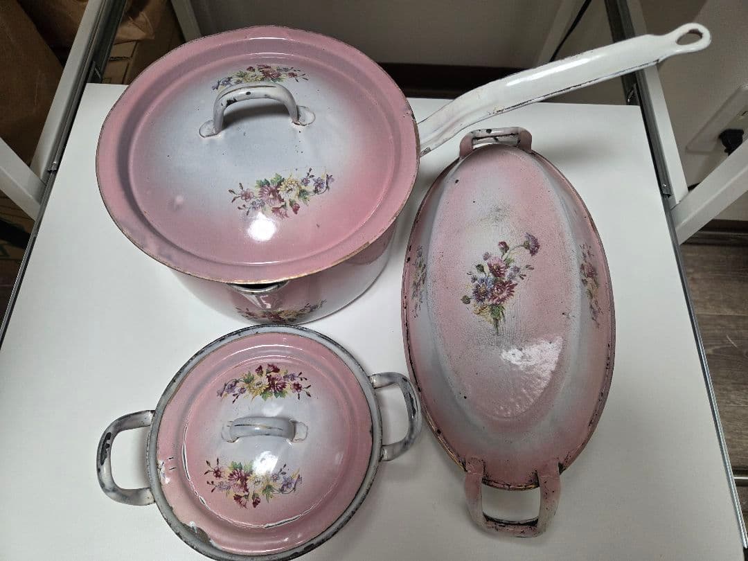 アンティーク花柄ホーロー鍋セット 昭和レトロ ホーロー鍋 花柄 琺瑯なべ | アンティーク家具と喫茶