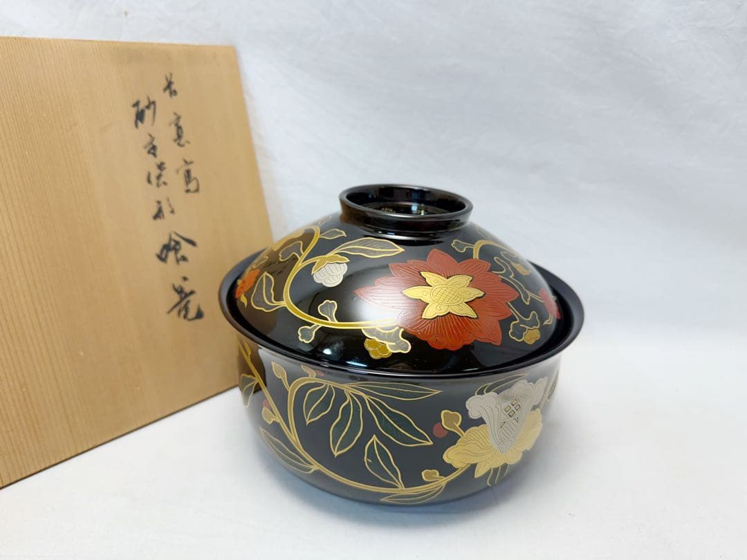 ほぼ未使用 茶道具 平安象彦 木製 長寛写 牡丹唐草 砂金袋形 喰籠菓子器 共箱 長寛写砂金袋形食籠 菓子器 八世象彦 牡丹唐草 八代西村彦兵衛 富貴
