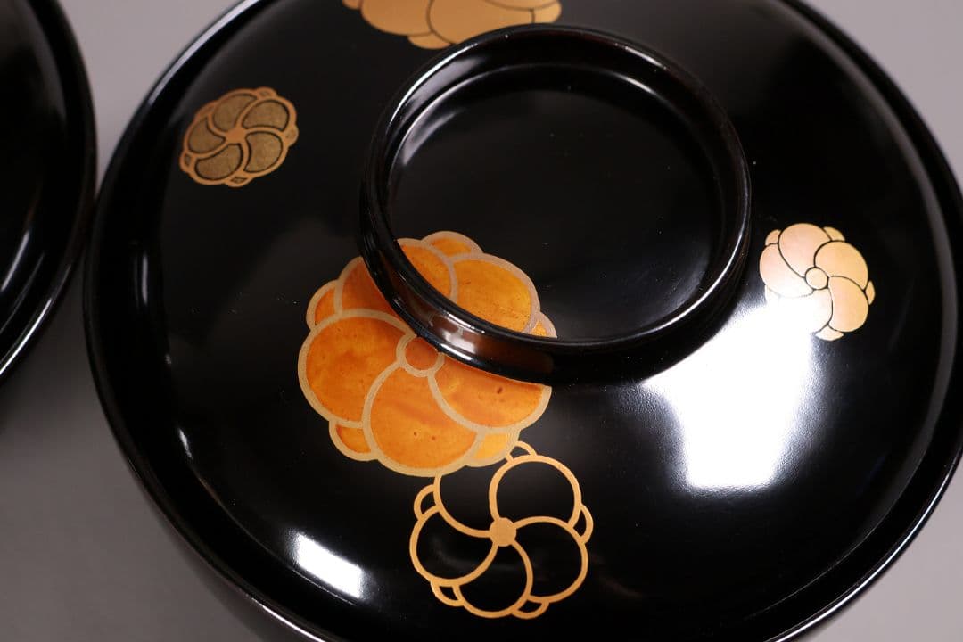 漆芸 木製漆器 捻り梅 金蒔絵 黒塗 御椀 二客 茶懐石道具【MA774