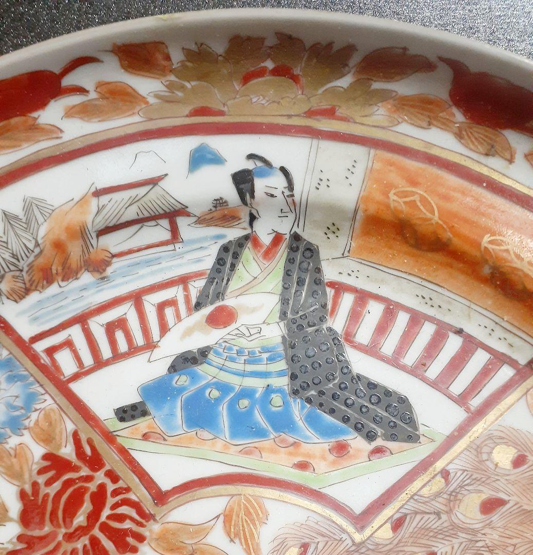 明治時代 古伊万里 肥蝶山 金襴色絵 風俗図 双孔雀図 花尽くし 20.3cm