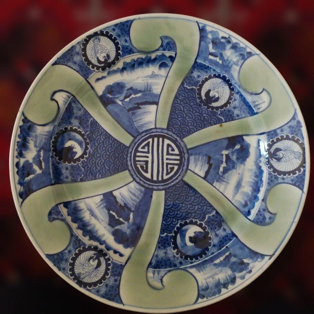 珍品 希少 古伊万里 有田官窯 青磁染付大皿 特大皿 口径約44cm 有田焼