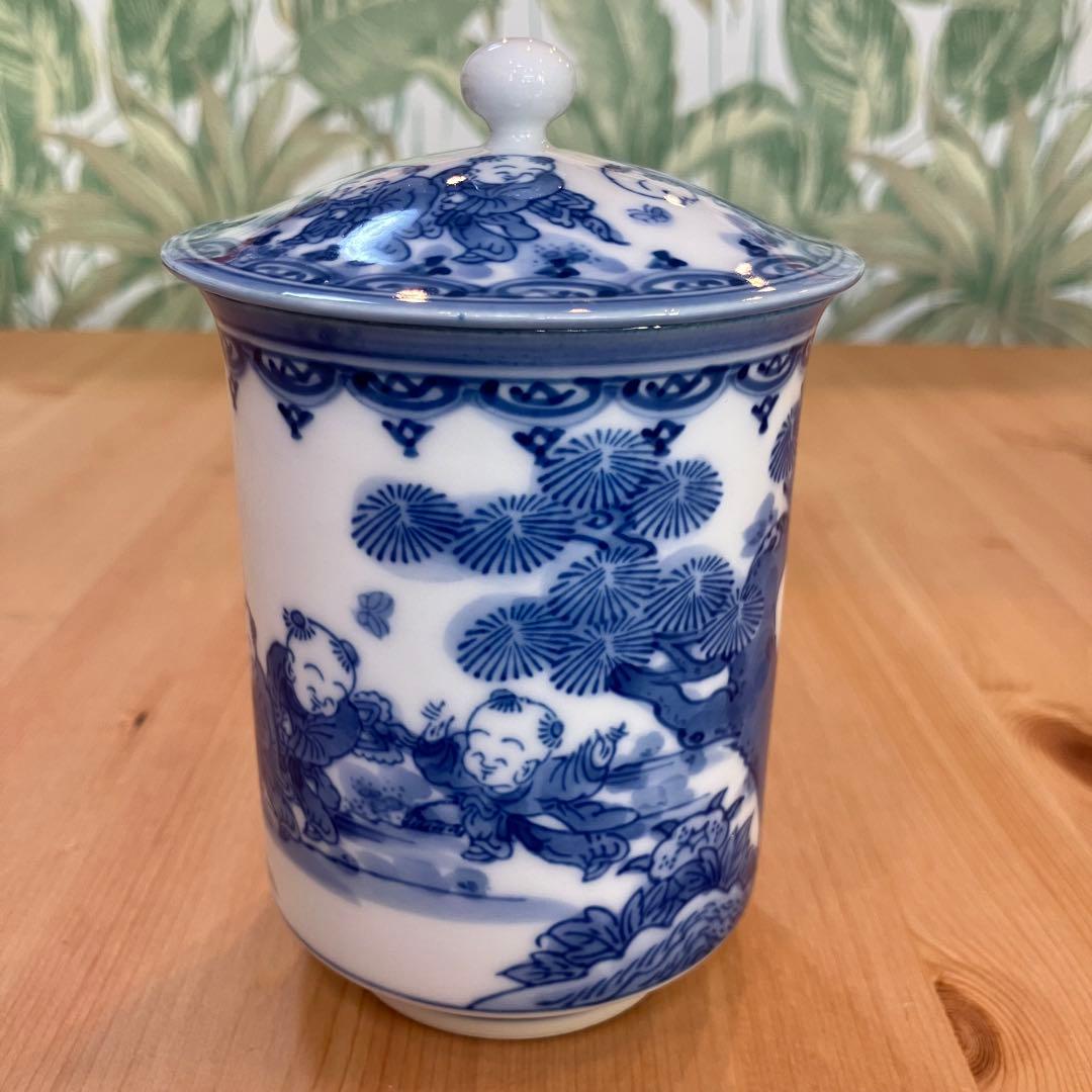 A2G52□平戸松山 献上唐子絵 蓋付き湯呑 三川内焼 湯飲み 和食器 茶器