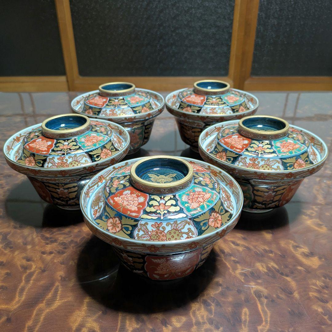 林九郎 有田焼 四方割牡丹三星花 蓋物揃 九谷焼 蓋付汲出揃 吉田屋風牡丹 5客セット【辻本商店】 - 【九谷焼結